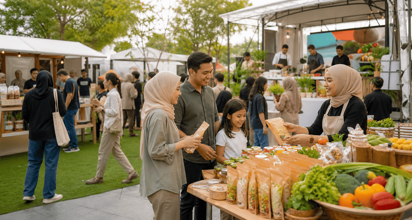 Suasana festival pangan halal aman dan bergizi dengan booth produk, demo masak, dan pengunjung keluarga